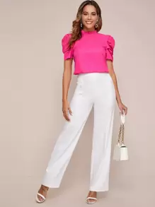 SHEIN Clasi Top de manga farol de cuello fruncido rosado neón - Rosa Fucsia - Ver 5