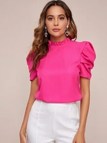 SHEIN Clasi Top de manga farol de cuello fruncido rosado neón - Rosa Fucsia - Ver 1