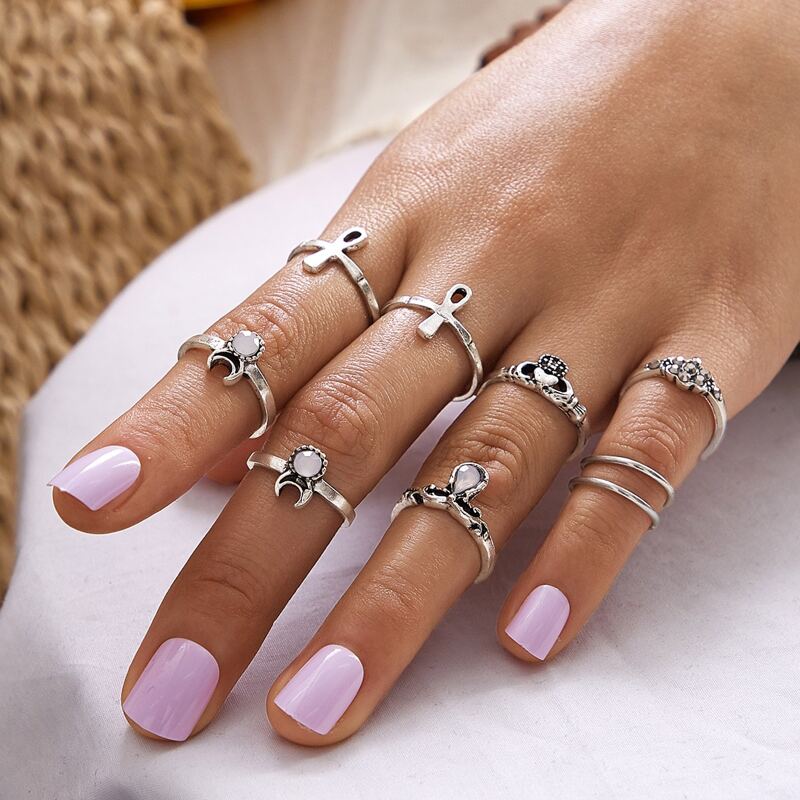 

10pcs Simple Gemstone Decor Ring, Silver