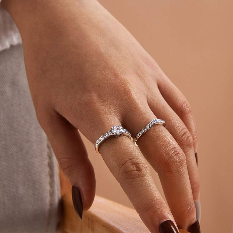 

2pcs Rhinestone Engraved Ring, Silver