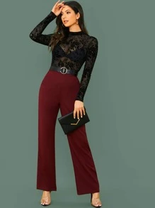 SHEIN Mock-Neck Flocked Mesh Bodysuit Without Bra - Black - View 5