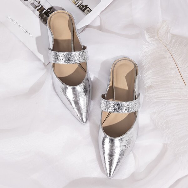 

Остроконечные мюли на плоской подошве, Серебряные