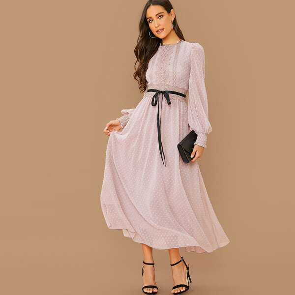 

Lantern Sleeve Lace Detail Belted Swiss Dot Dress, Pink pastel