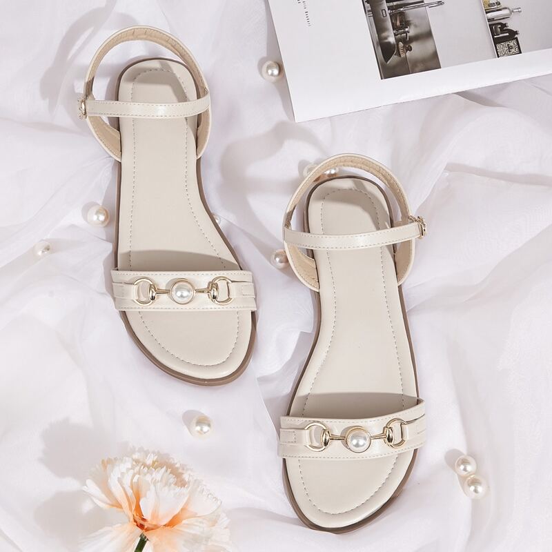 

Faux Pearl Decor Buckle Strap Sandals, Beige