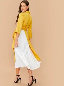SHEIN Shawl Collar Knot 2 In 1 Pleated Hem Dress - Yellow - View 2