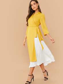 SHEIN Shawl Collar Knot 2 In 1 Pleated Hem Dress - Yellow - View 3
