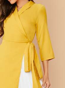 SHEIN Shawl Collar Knot 2 In 1 Pleated Hem Dress - Yellow - View 4
