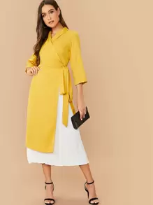 SHEIN Shawl Collar Knot 2 In 1 Pleated Hem Dress - Yellow - View 1