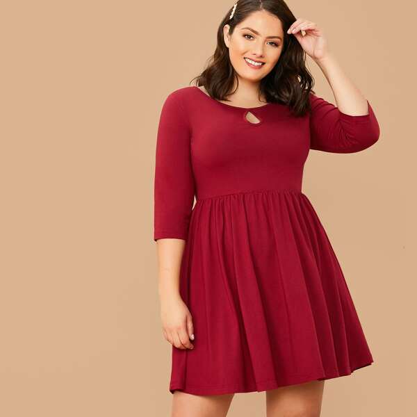 

Plus Keyhole Neck Fit and Flare Dress, Burgundy