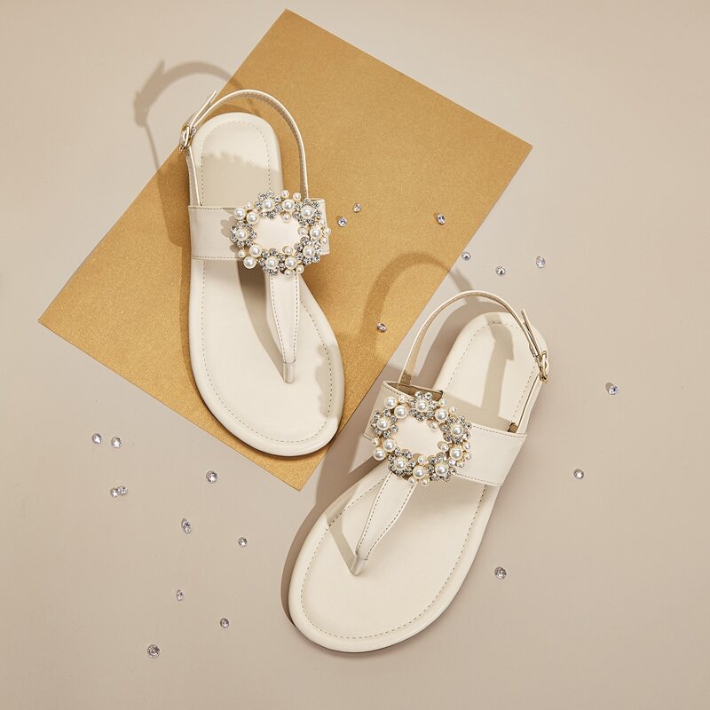 

Faux Pearl Decor Toe Post Slingback Sandals, Beige