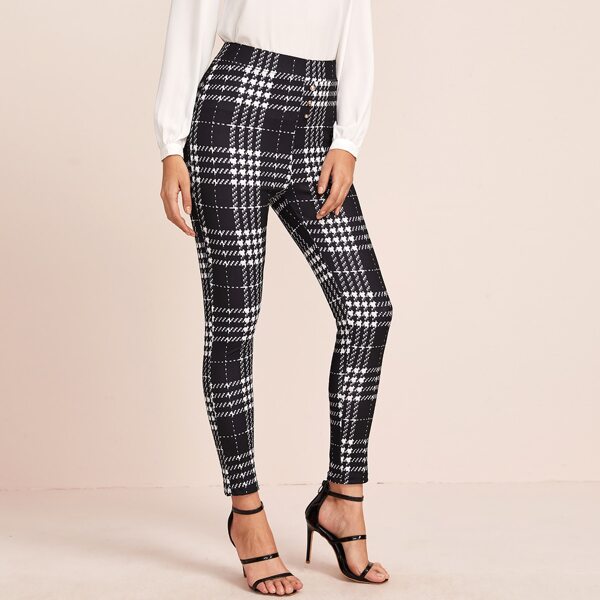 

Tartan Plaid Elastic Waist Leggings, Black and white