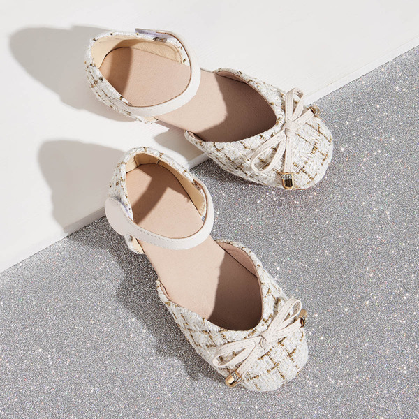 

Toddler Girls Bow Decor Tweed Ankle Strap Flats, White