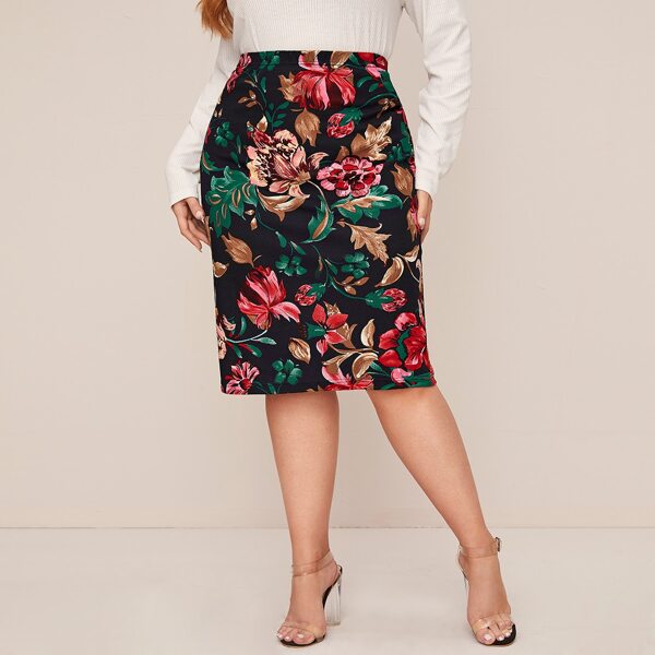 

Plus Floral Print Pencil Skirt, Multicolor