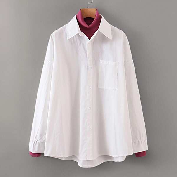

2 In 1 Pocket Front Dip Hem Blouse, White