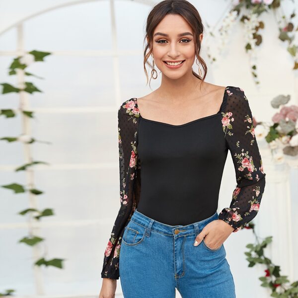 

Sweetheart Floral Mesh Sleeve Top, Black