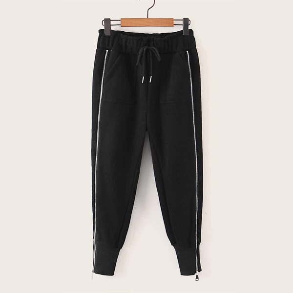 

Zip Detail Drawstring Waist Sweatpants, Black
