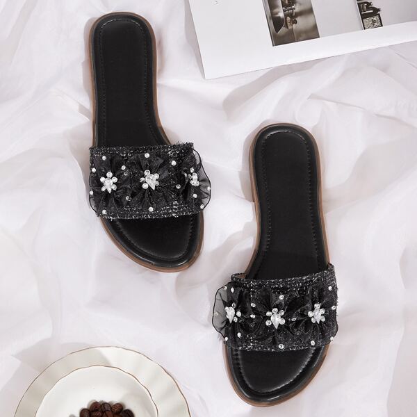

Open Toe Rhinestone Decor Sliders, Black