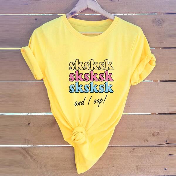 

Футболка с текстовым принтом и круглым вырезом, Жёлтые