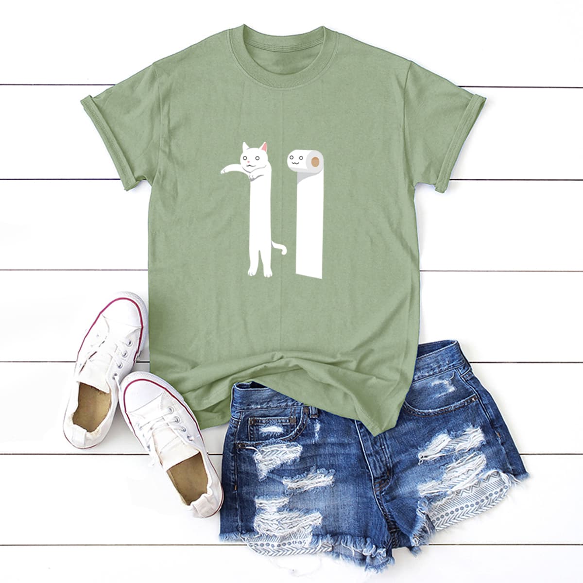 

Cat Print Round Neck Tee, Green
