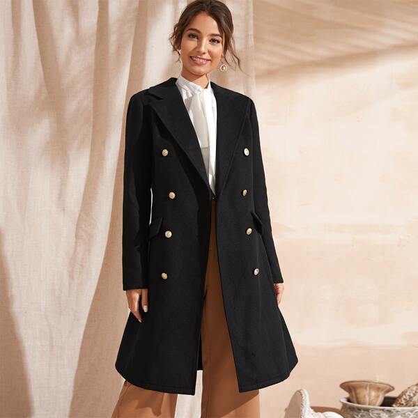 

Lapel Collar Flap Detail Double Breasted Coat, Black