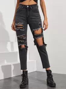 High Waisted Ripped Mom Jeans - Black - View 1