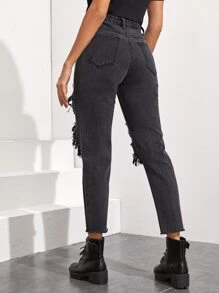 High Waisted Ripped Mom Jeans - Black - View 2