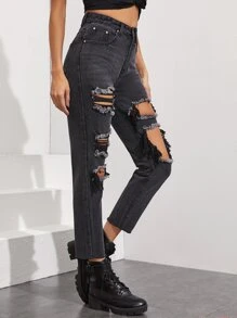 High Waisted Ripped Mom Jeans - Black - View 5