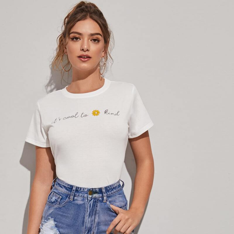 

Flower & Slogan Graphic Tee, White