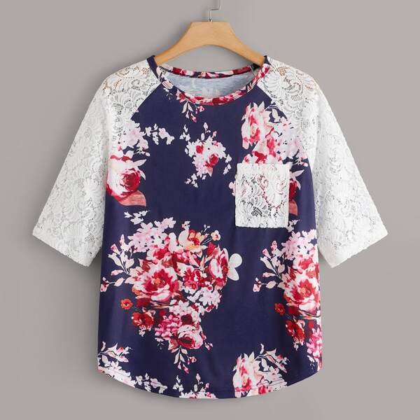 

Plus Lace Panel Sleeve Floral Print Tee, Navy