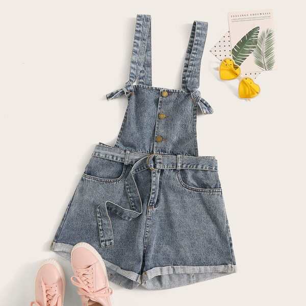 

Rolled Hem Belted Denim Overall, Blue