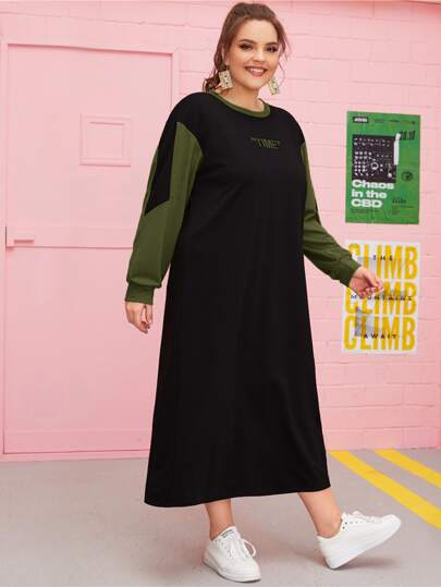 Plus Contrast Panel Letter Graphic Sweatshirt Dress Without Bag
