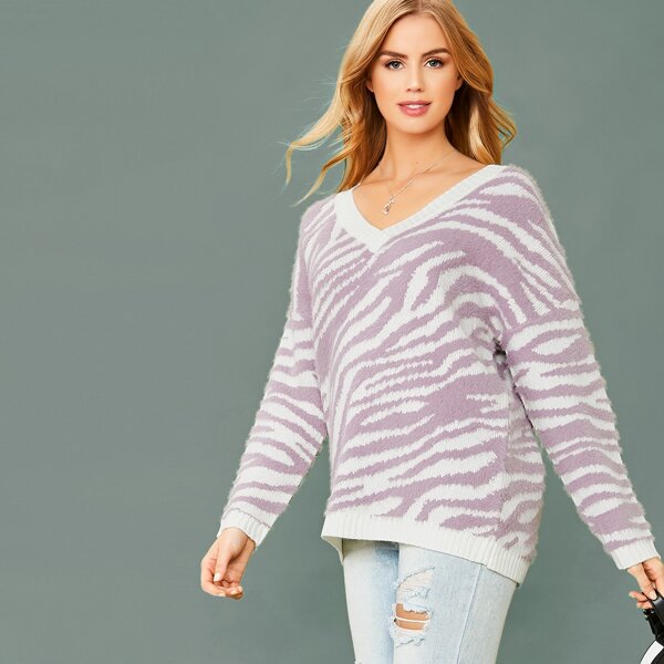 

V-Neck Fuzzy Knit Zebra Print Pullover Sweater, Multicolor