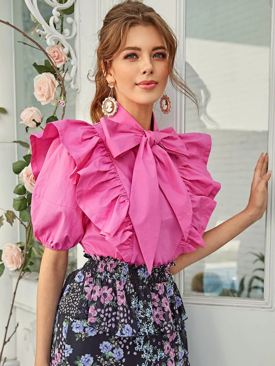 SHEIN Blusa com babado exagerado - Rosa chiclete - Visão 1