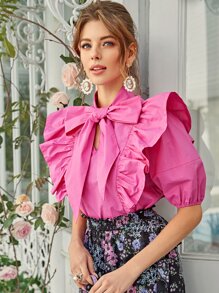 SHEIN Blusa com babado exagerado - Rosa chiclete - Visão 4