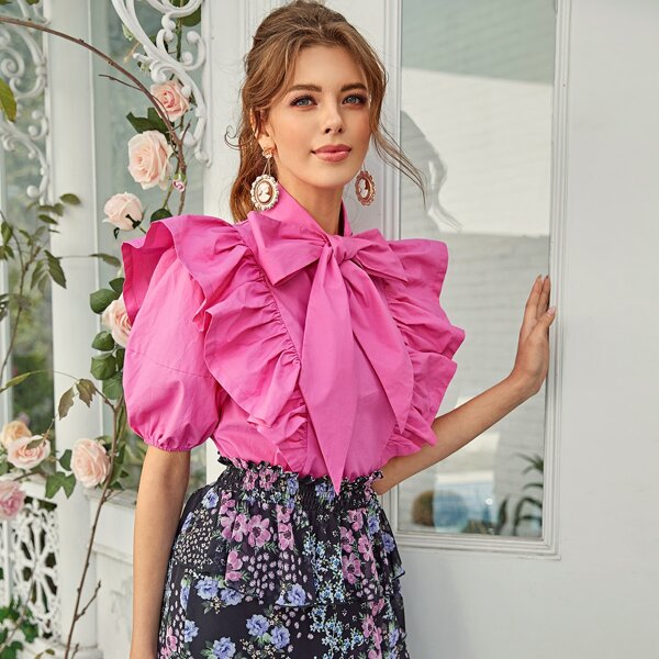 

Neon Pink Tie Neck Exaggerate Ruffle Trim Top, Pink bright