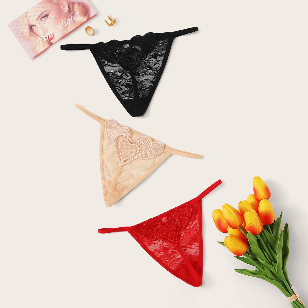 

3pack Heart Floral Lace Panty Set, Multicolor