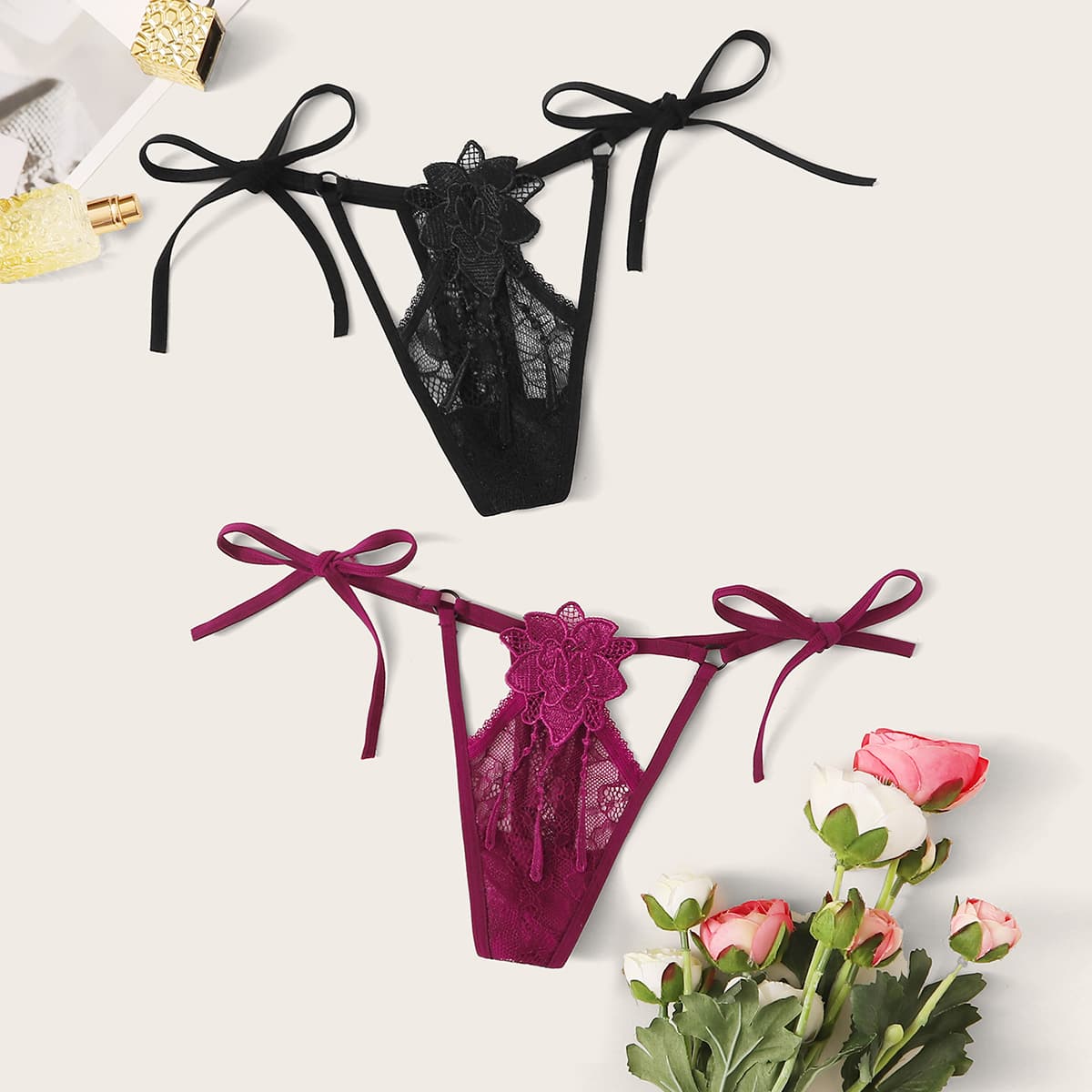 

2pack Floral Lace Tie Side Panty Set, Multicolor