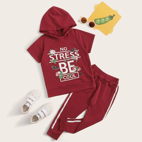 

Toddler Girls Slogan Graphic Hoodie & Side Stripe Joggers, Burgundy