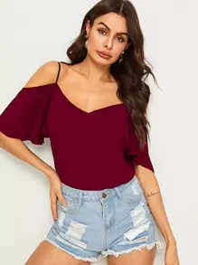 SHEIN LUNE Top de manga con volante de hombros descubiertos - Burdeos - Ver 1