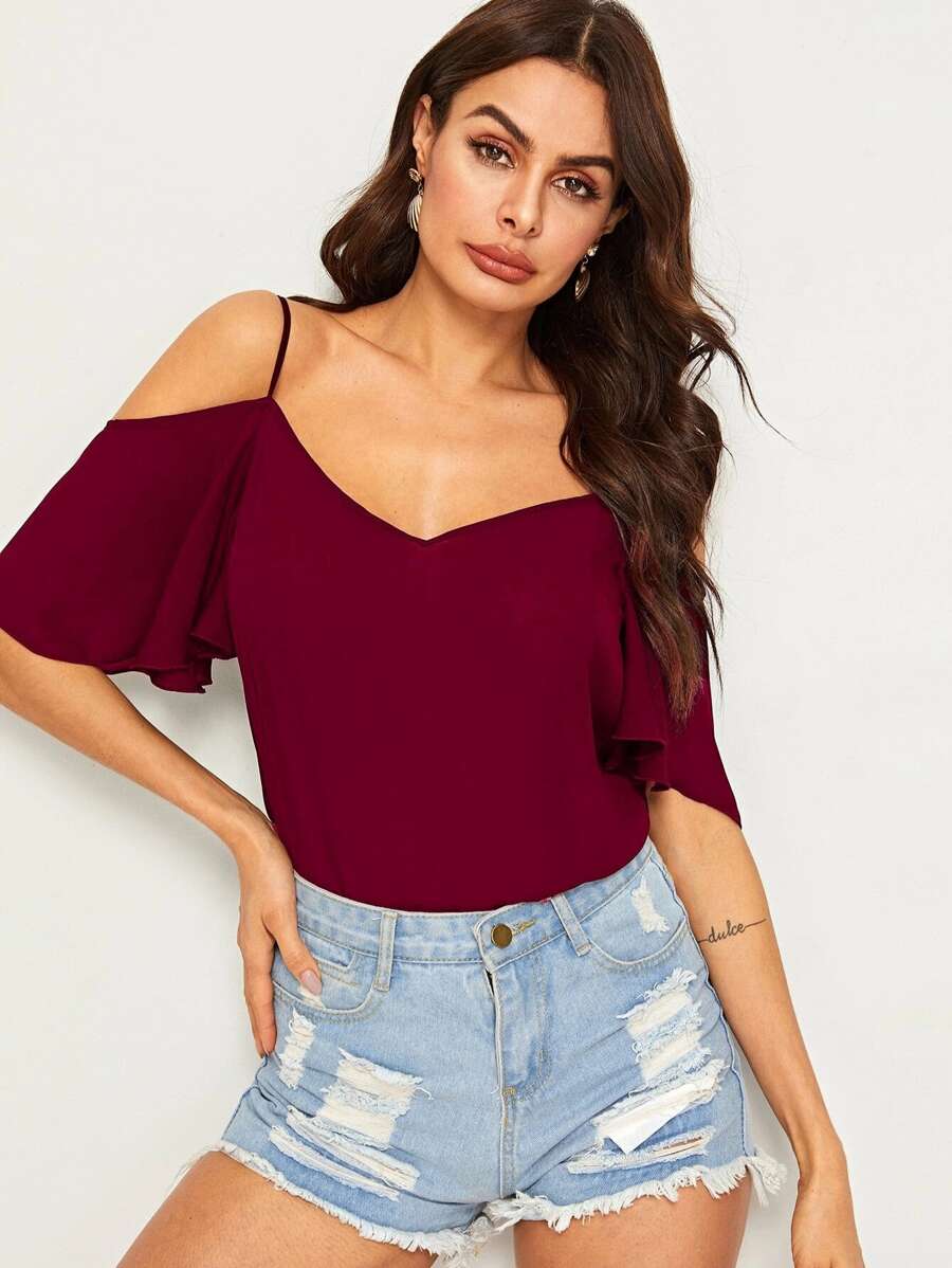 SHEIN LUNE Top de manga con volante de hombros descubiertos - Burdeos - Ver 1