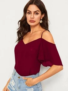 SHEIN LUNE Top de manga con volante de hombros descubiertos - Burdeos - Ver 3