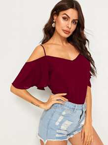 SHEIN LUNE Top de manga con volante de hombros descubiertos - Burdeos - Ver 4