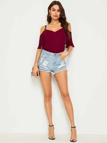 SHEIN LUNE Top de manga con volante de hombros descubiertos - Burdeos - Ver 5