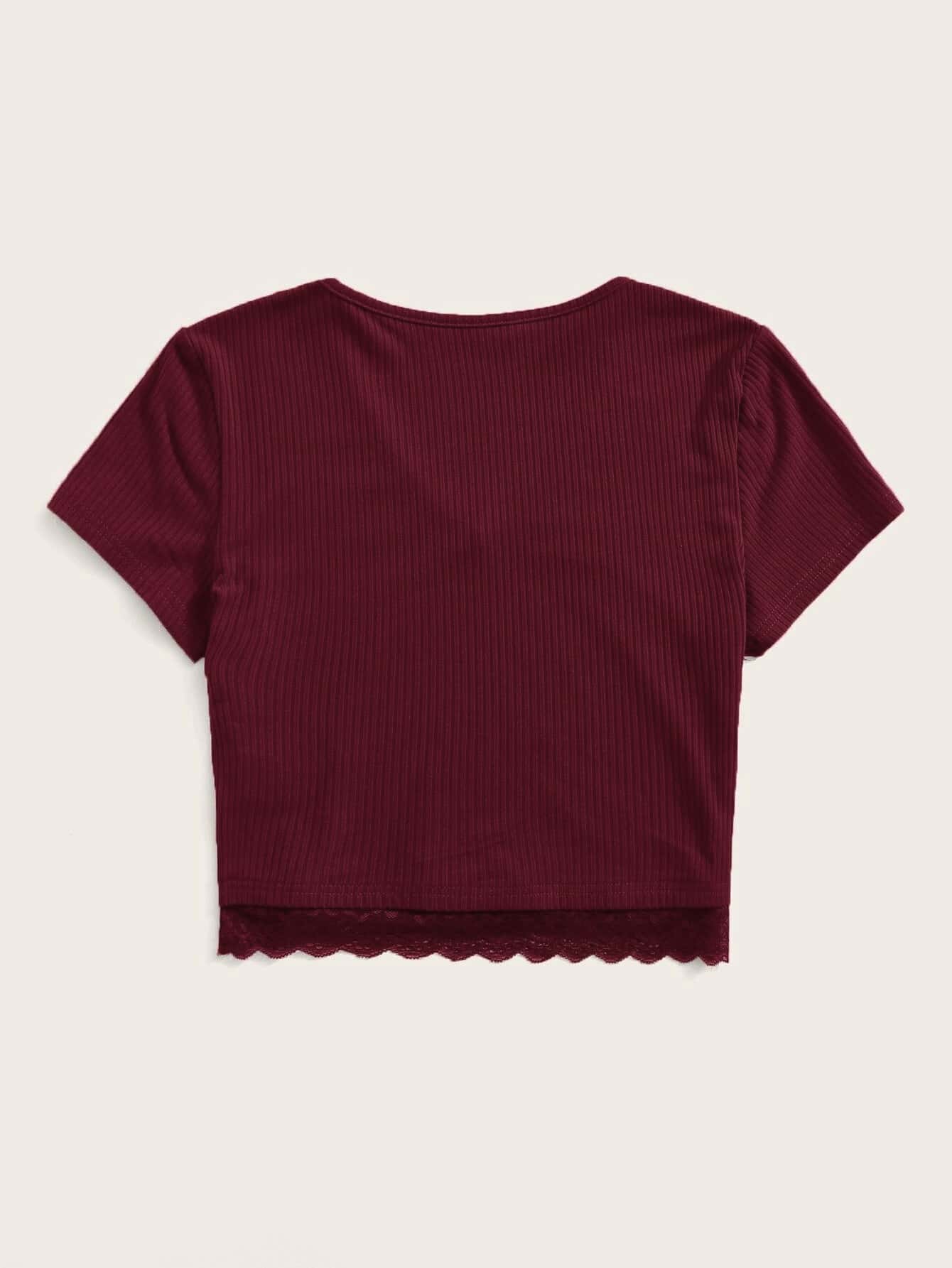 SHEIN Lace Hem Rib-knit Top - Burgundy - View 2