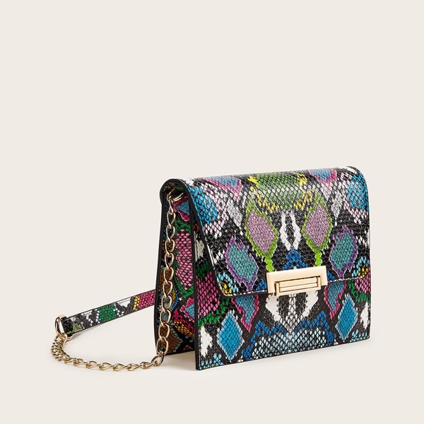 

Colorful Snakeskin Print Flap Crossbody Bag, Multicolor
