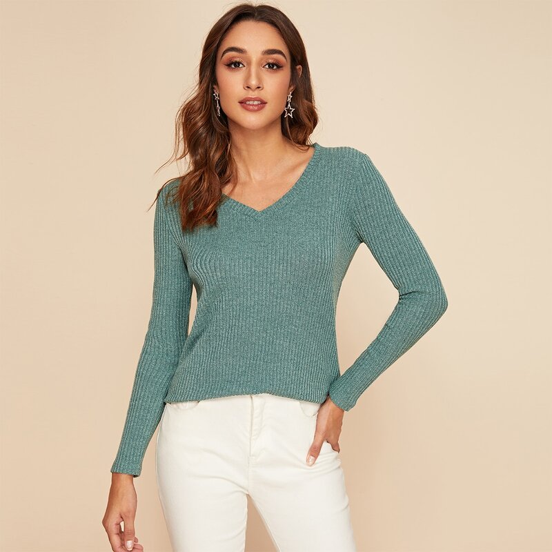 

V-Neck Rib-knit Top, Green