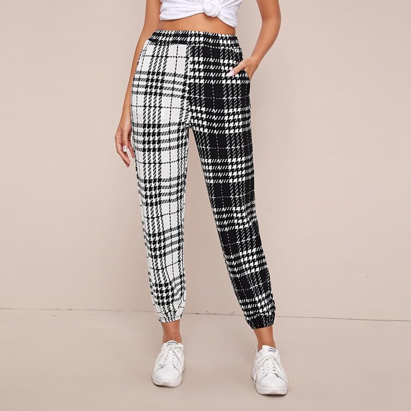 

Slant Pocket Detail Plaid Pants, Black and white