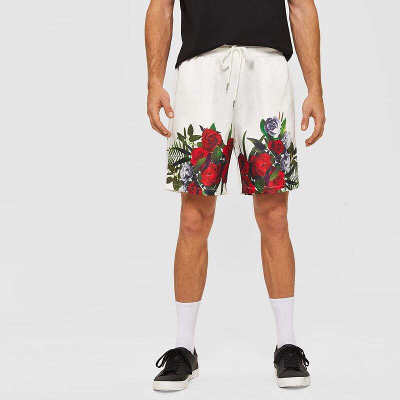 

Guys Drawstring Detail Floral Print Windbreaker Shorts, White