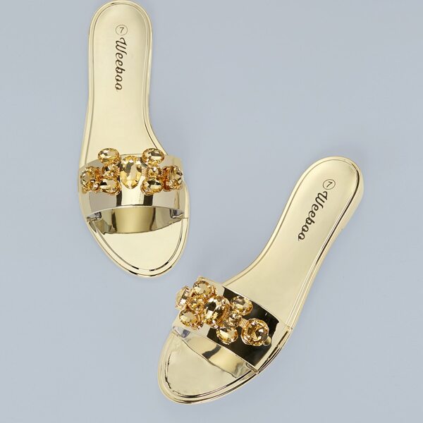 

Crystal Metallic Open Toe Band Jelly Slide Sandals, Gold