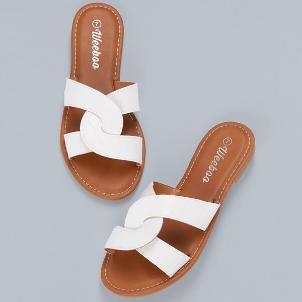 

Cross Alligator Cut Out Band Flat Slide Sandals, White